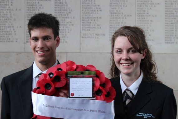 Zac and Laura with our wreath at the Menin Gate